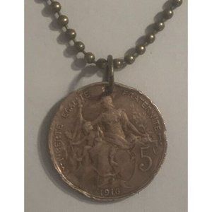 1916 France 5 COIN PENDANT French Antique Circulated Great Gift! 20” Necklace